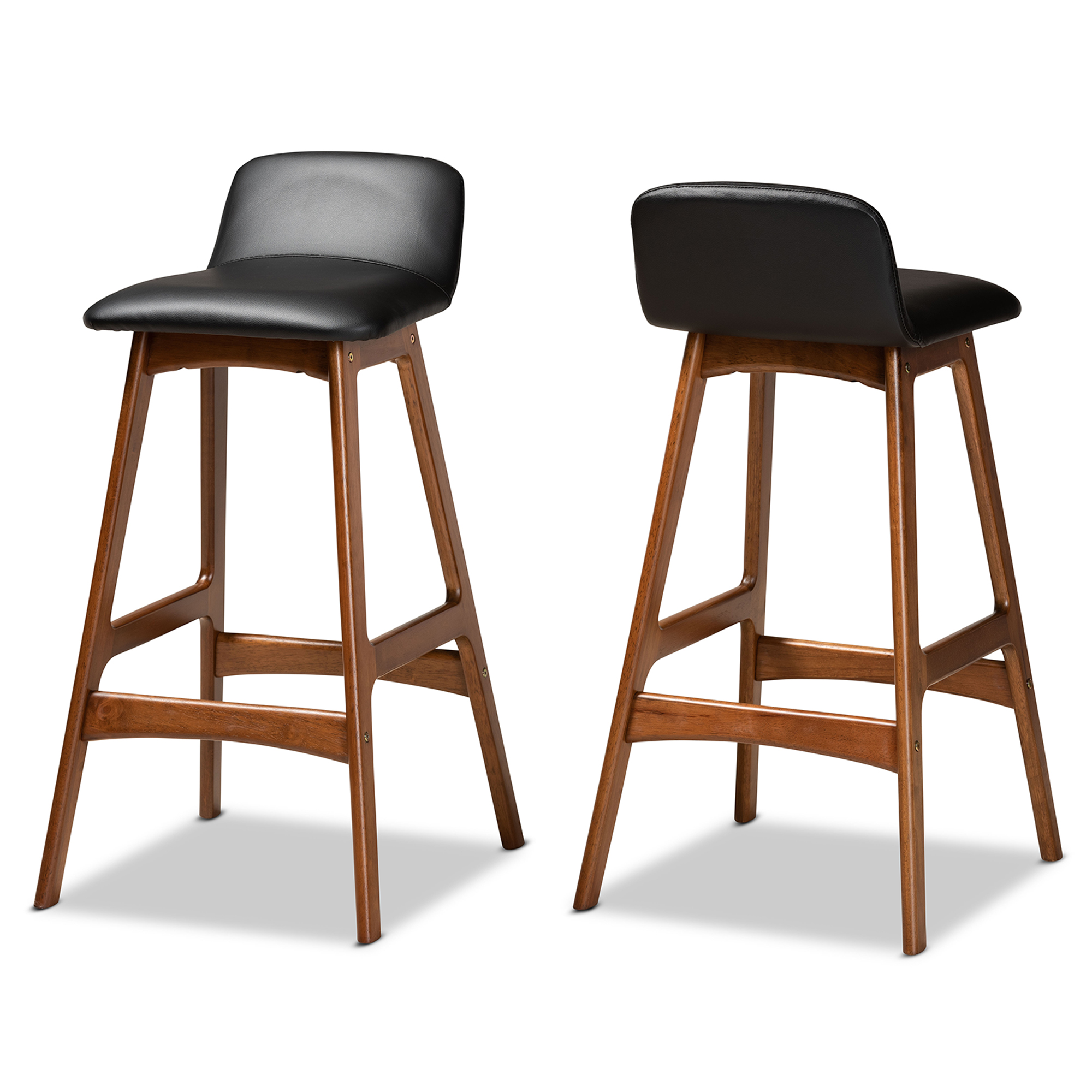 Baxton Studio Darrin Mid-Century Modern Black Faux Leather Upholstered and Walnut Brown Finished Wood 2-Piece Bar Stool Set